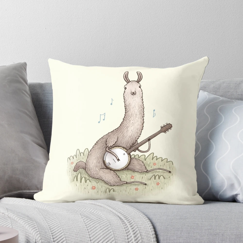 A colorful, whimsical pillow featuring a llama playing a banjo, perfect for adding a touch of musical charm to any space.