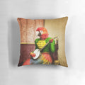 A surreal, fantasy illustration of a bird playing a banjo on a decorative throw pillow.