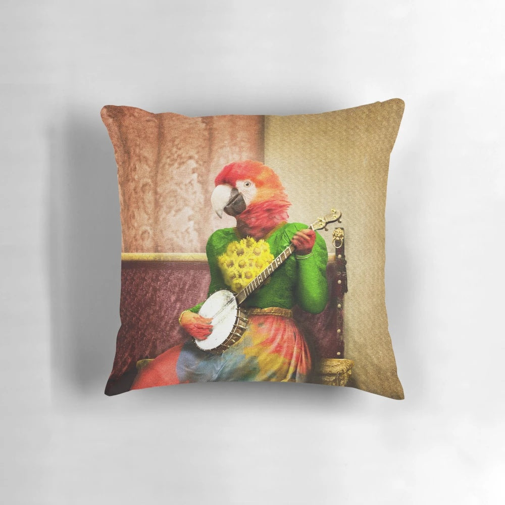 A surreal, fantasy illustration of a bird playing a banjo on a decorative throw pillow.