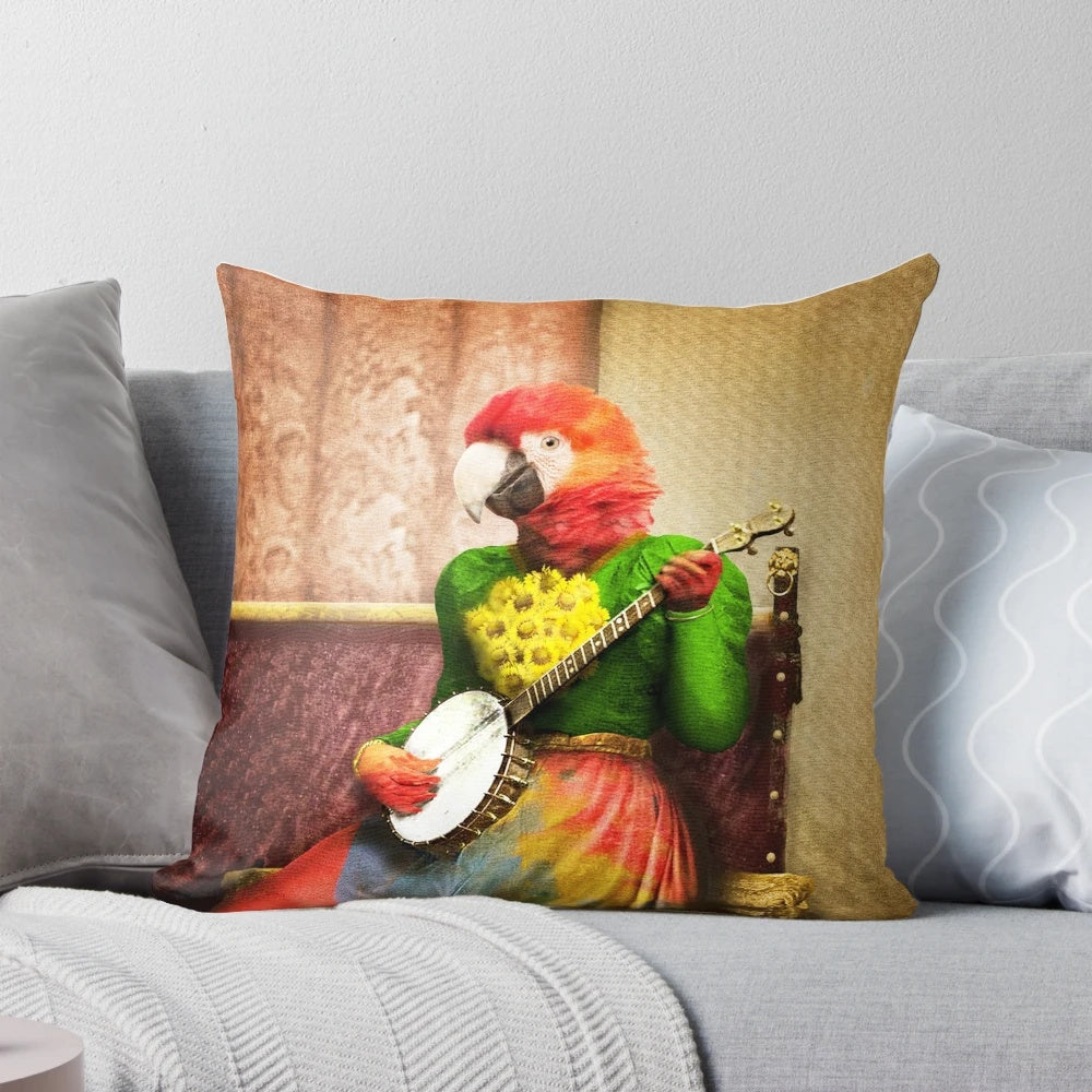 A surreal, fantasy illustration of a bird playing a banjo on a decorative throw pillow.