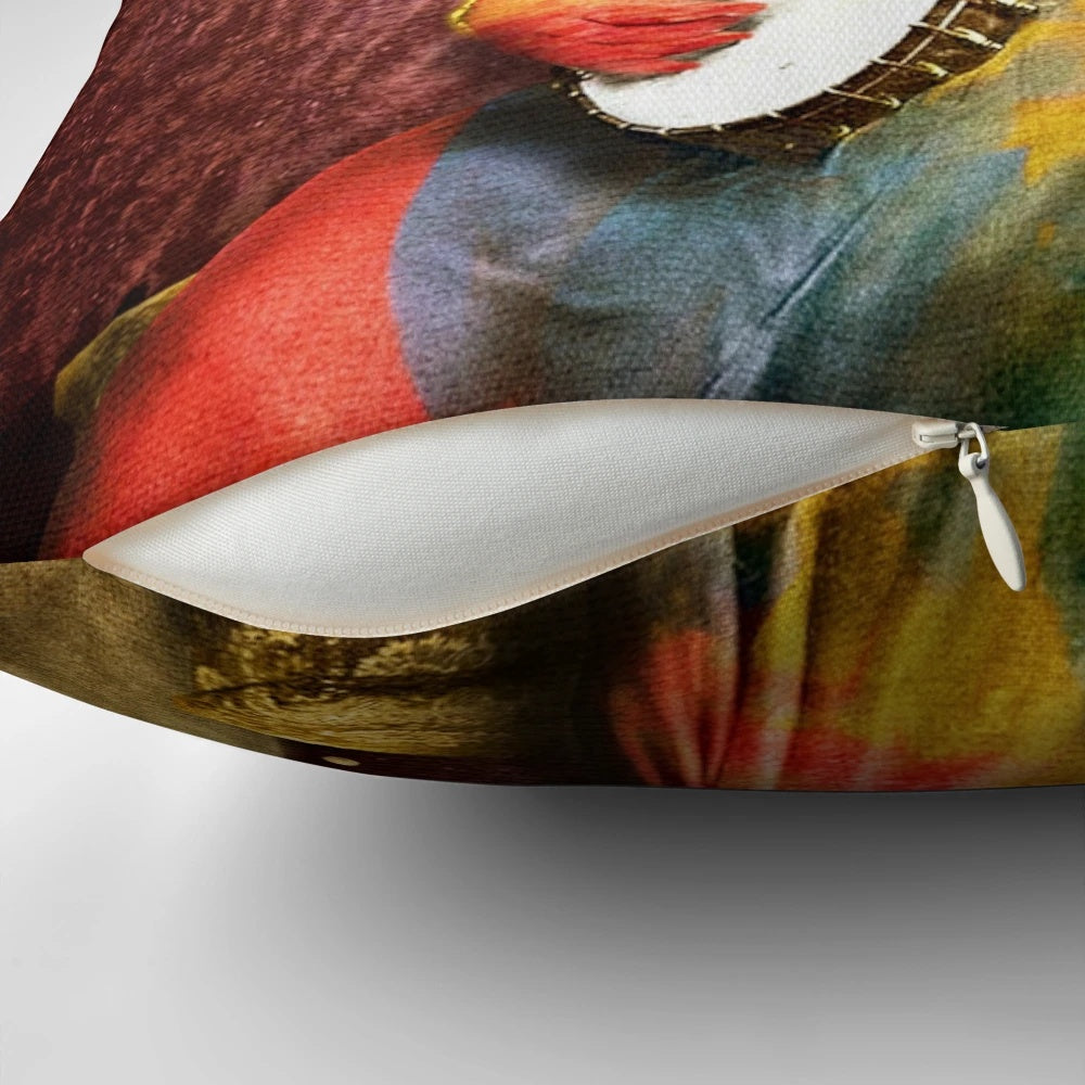 A surreal, fantasy illustration of a bird playing a banjo on a decorative throw pillow.