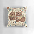 A decorative throw pillow featuring a whimsical illustration of two brown bear cubs surrounded by fantastical forest flora.