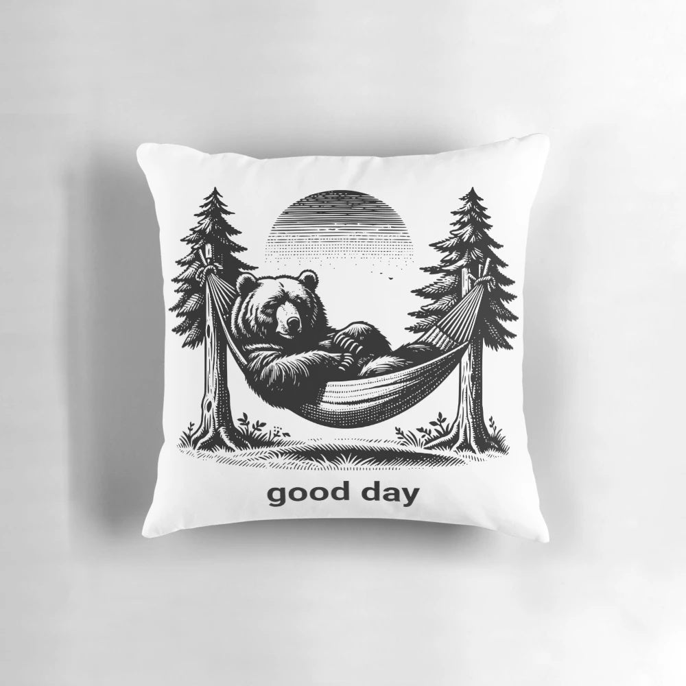 Whimsical bear art pillow with nature-inspired design