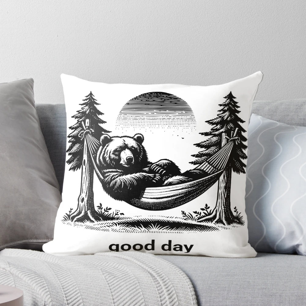 Whimsical bear art pillow with nature-inspired design