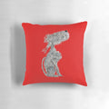 A grey, scruffy Bedlington Terrier dog sitting on a blue pillow in a whimsical, quirky style.