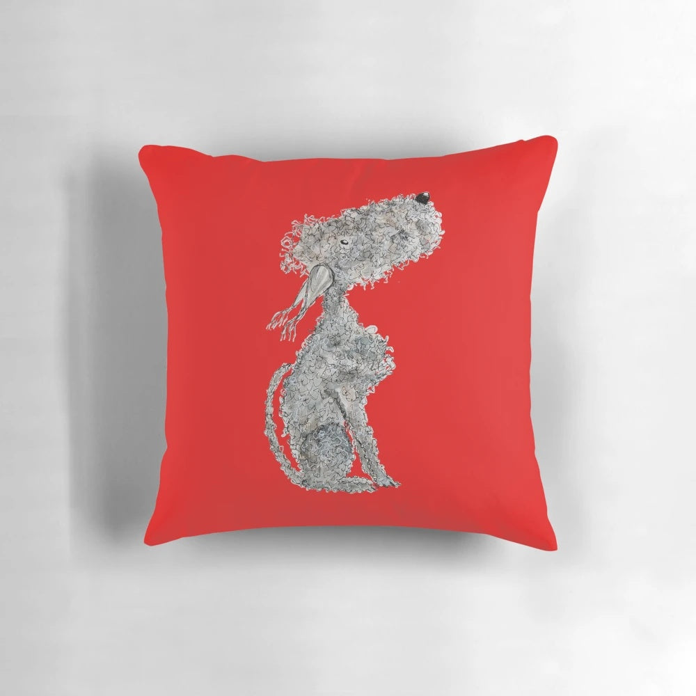 A grey, scruffy Bedlington Terrier dog sitting on a blue pillow in a whimsical, quirky style.