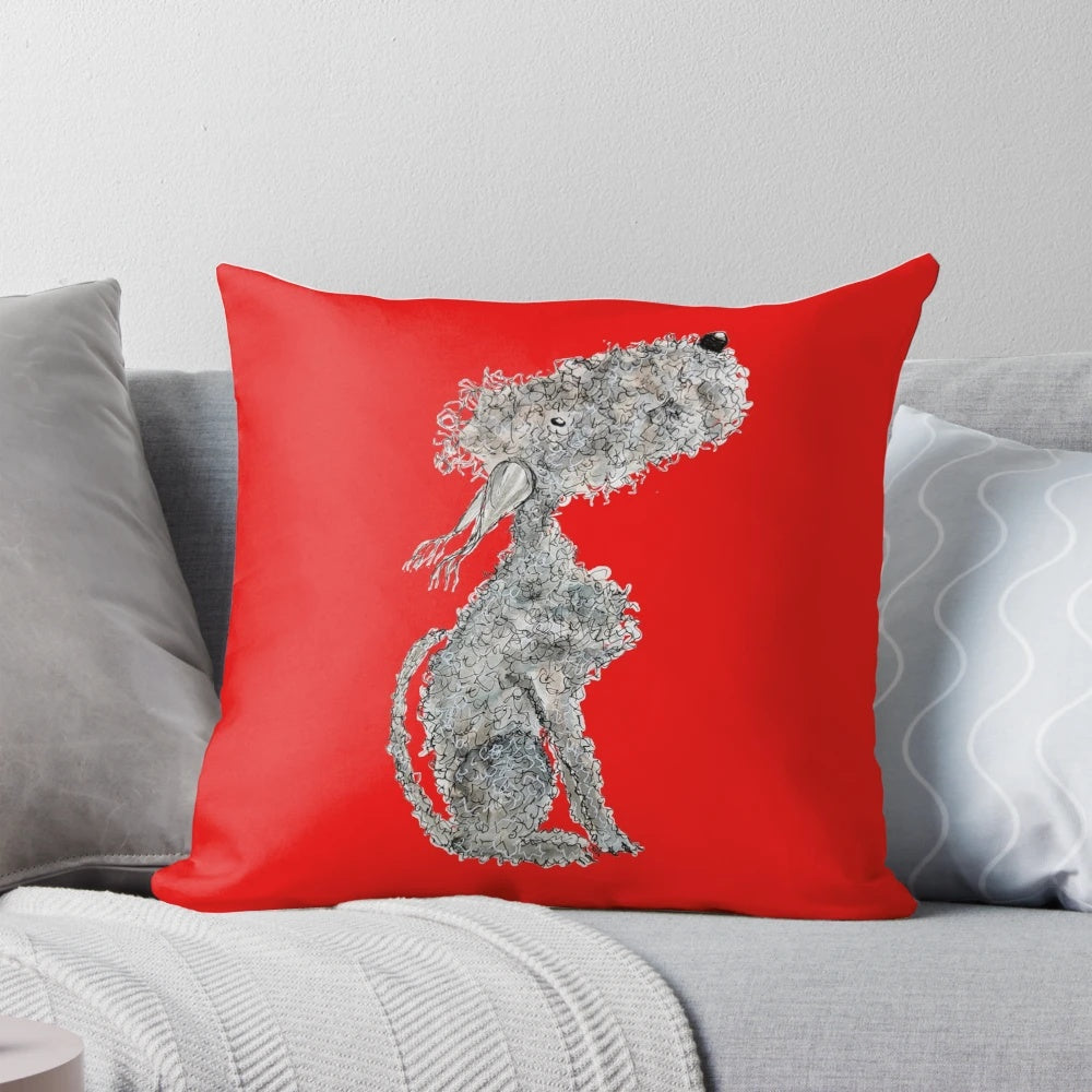 A grey, scruffy Bedlington Terrier dog sitting on a blue pillow in a whimsical, quirky style.