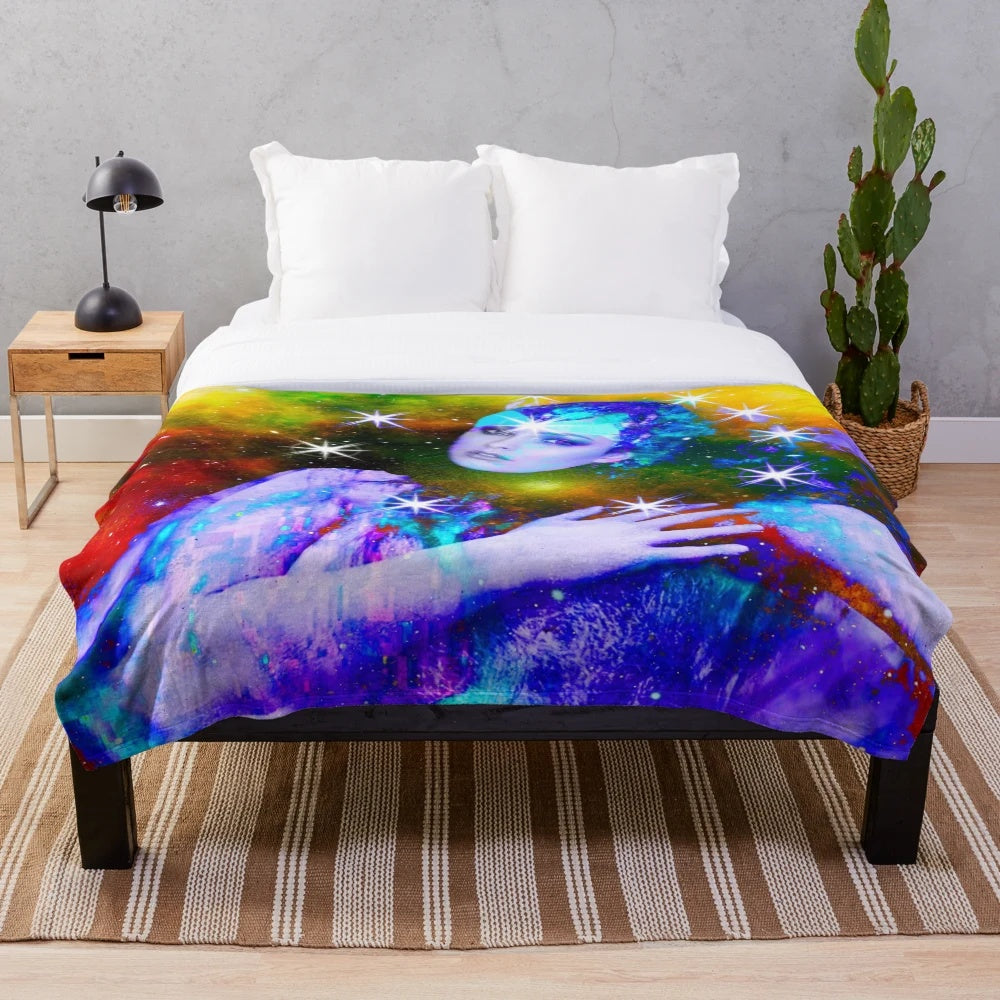 Blue fairy plush blanket with abstract nature-inspired patterns