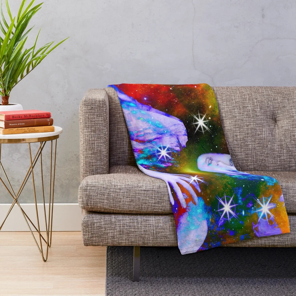 Blue fairy plush blanket with abstract nature-inspired patterns
