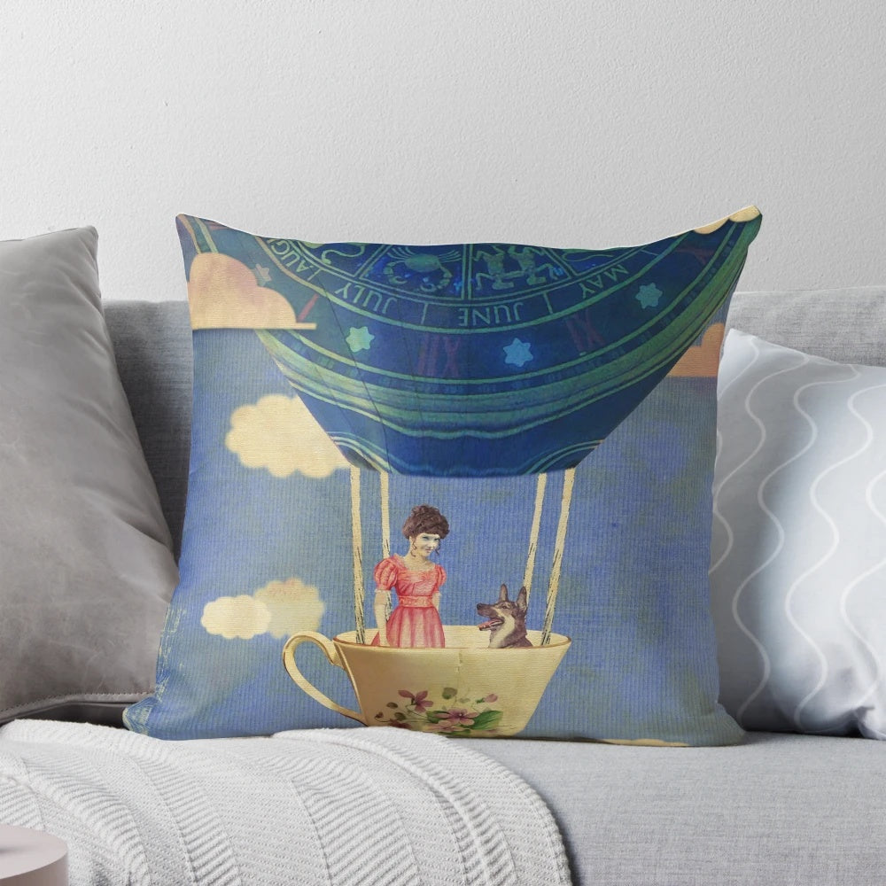 A decorative pillow featuring a dreamy, surreal image of a woman floating among clouds, dogs, and balloons.