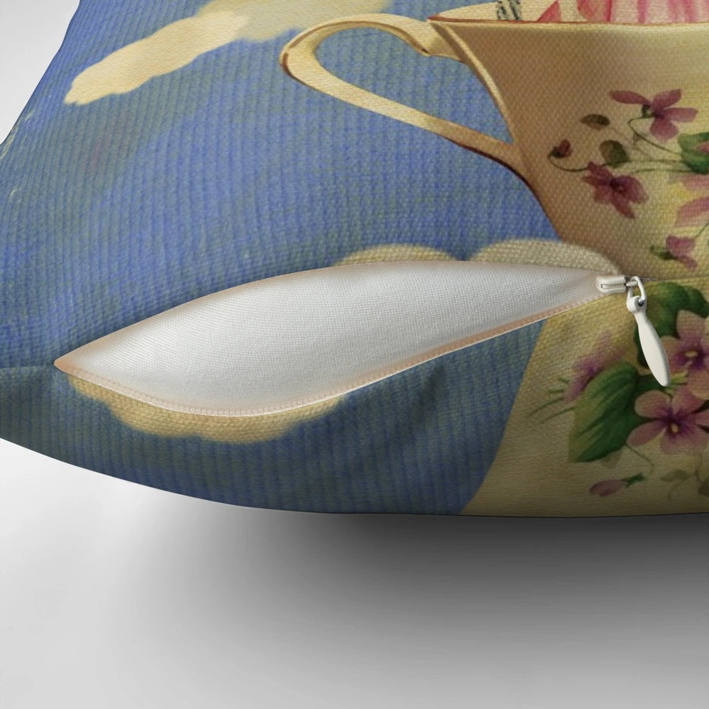 A decorative pillow featuring a dreamy, surreal image of a woman floating among clouds, dogs, and balloons.