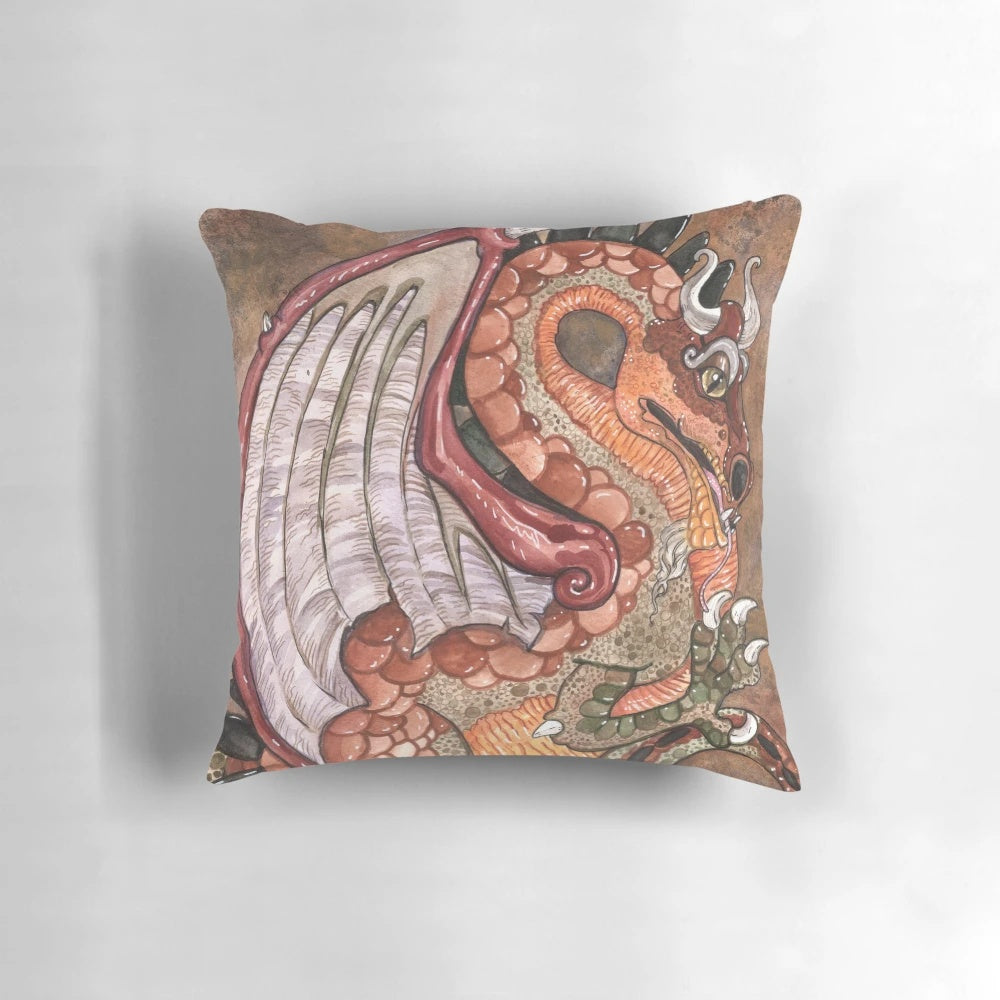 Watercolor painting of the brown dragon Smrgol from the fantasy film Flight of Dragons, printed on a soft, plush pillow.