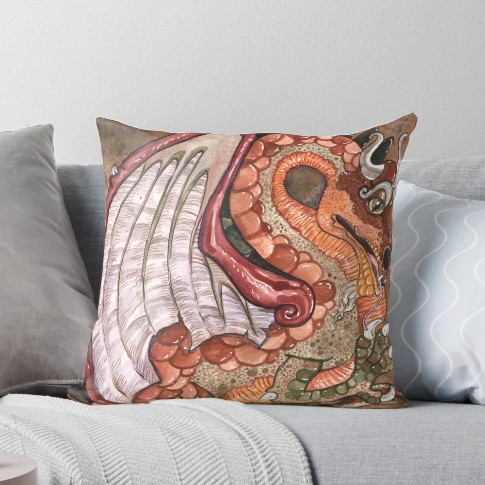 Watercolor painting of the brown dragon Smrgol from the fantasy film Flight of Dragons, printed on a soft, plush pillow.