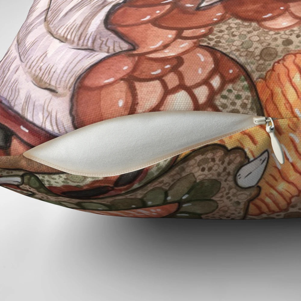 Watercolor painting of the brown dragon Smrgol from the fantasy film Flight of Dragons, printed on a soft, plush pillow.