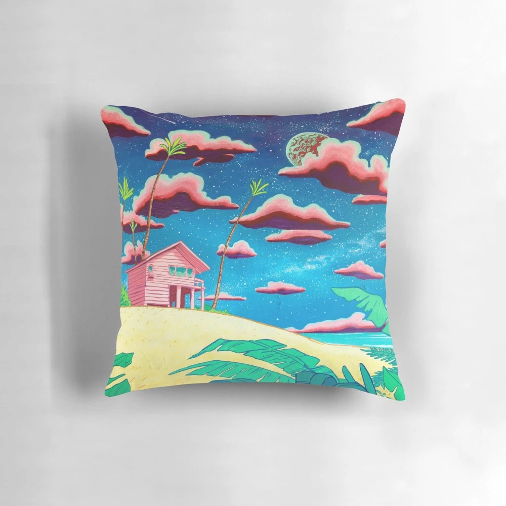 Vibrant bungalow-style pillow featuring a cosmic galaxy and tropical palm trees in a retro pop art design