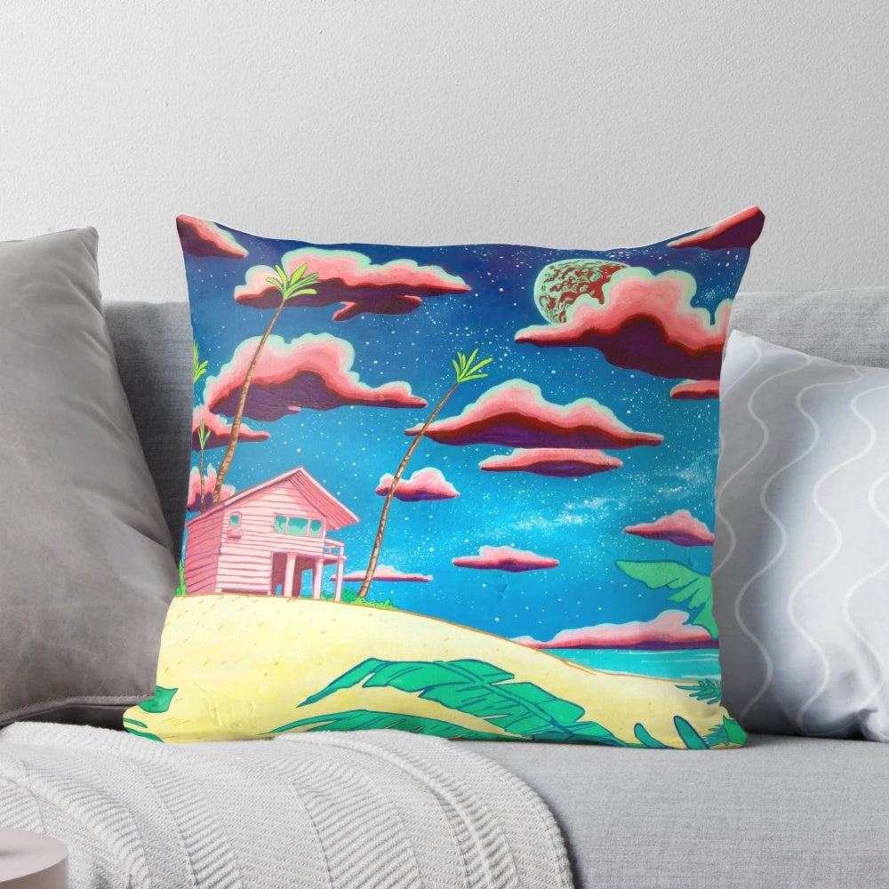 Vibrant bungalow-style pillow featuring a cosmic galaxy and tropical palm trees in a retro pop art design