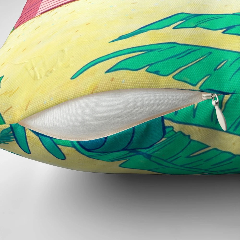 Vibrant bungalow-style pillow featuring a cosmic galaxy and tropical palm trees in a retro pop art design