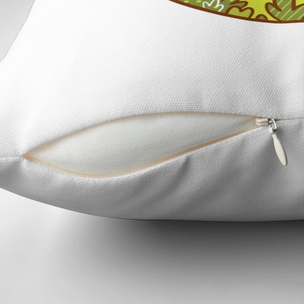 A soft, plush pillow featuring a delightful bunny in a glass bottle, surrounded by lush foliage and nature-inspired elements.