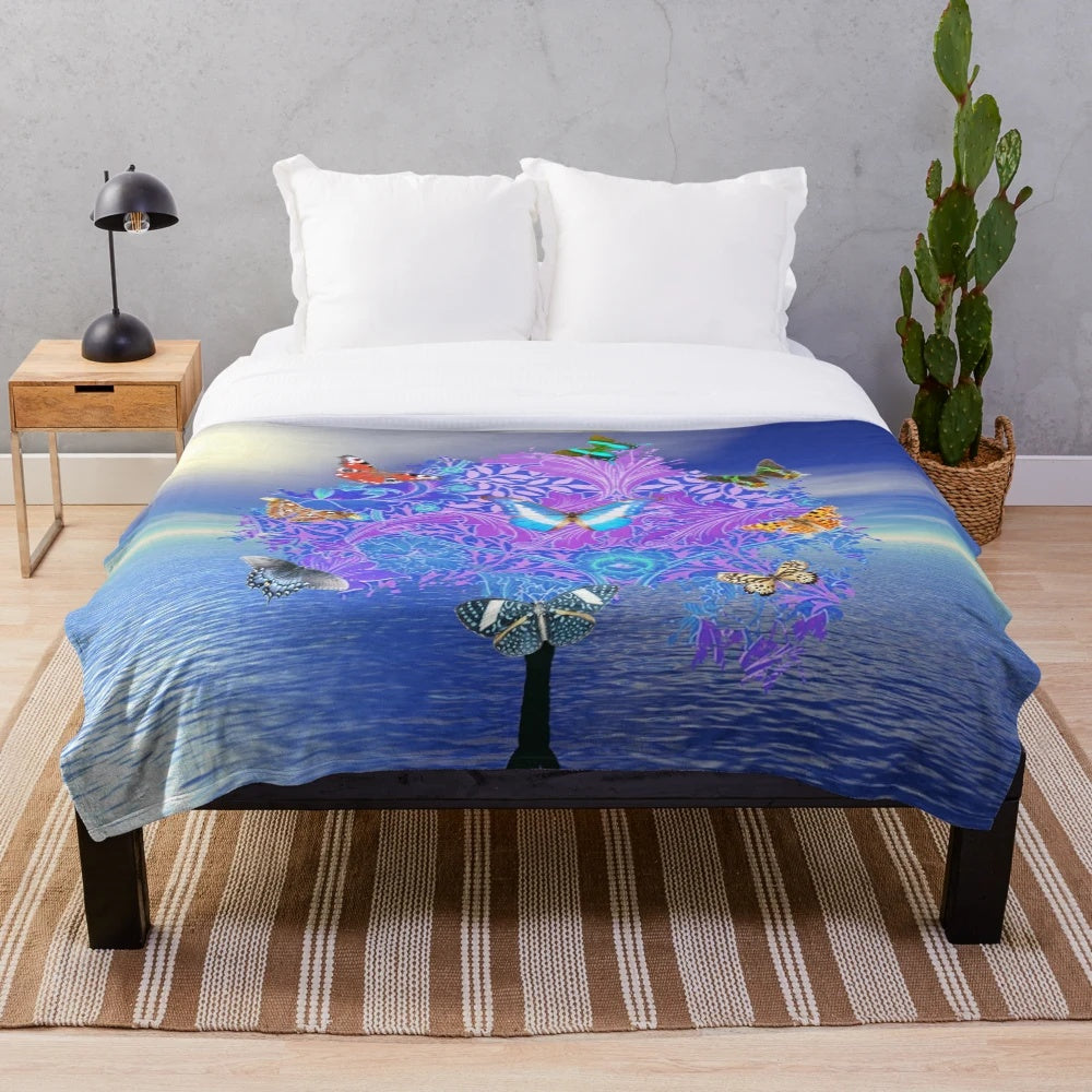 Colorful butterfly tree pattern plush blanket