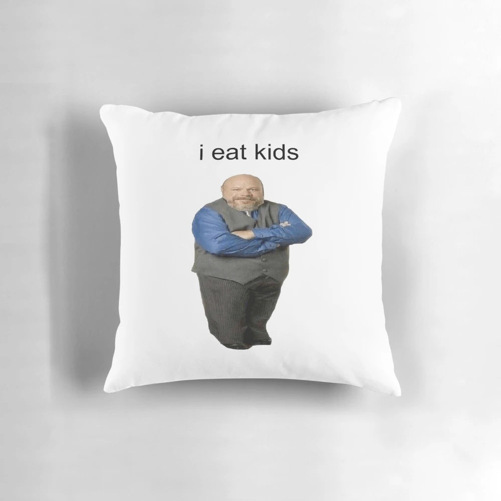 Whimsical cartoon-inspired pillow with humorous pop culture design