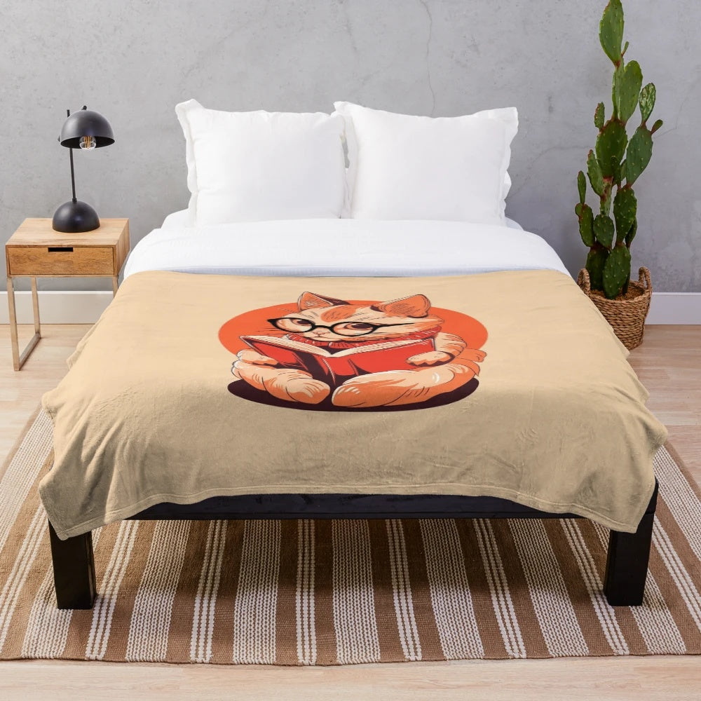 Cartoon librarian cat plush blanket with books and glasses