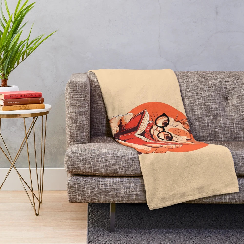 Cartoon librarian cat plush blanket with books and glasses