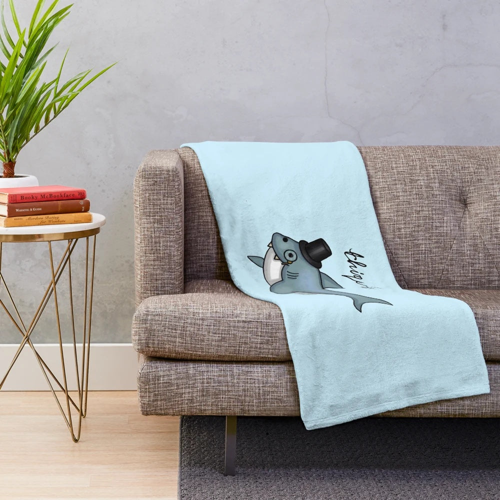 Funny and cute cartoon shark plush blanket with top hat and monocle