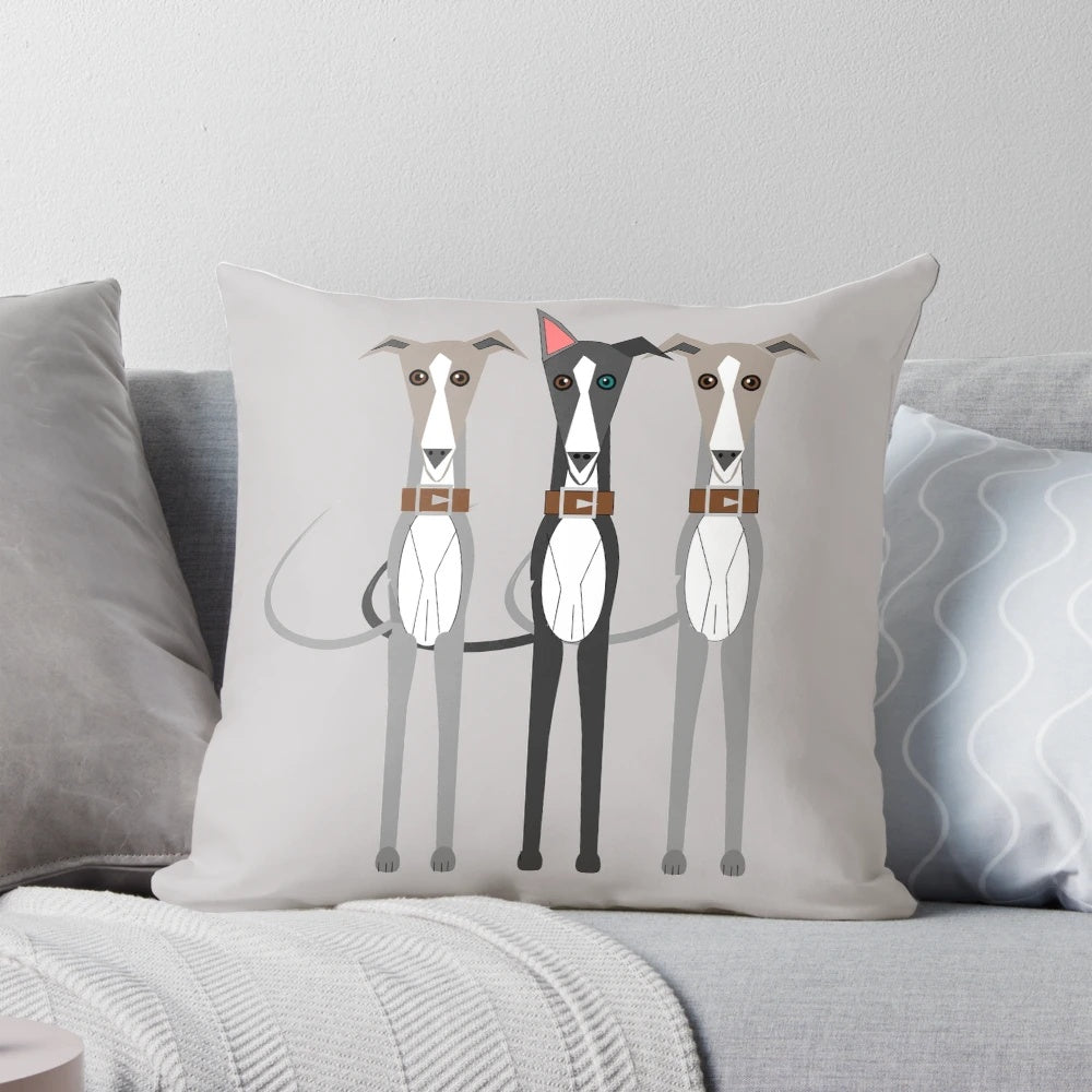 Charming illustration of three whippet, greyhound, and lurcher dogs on a decorative pillow