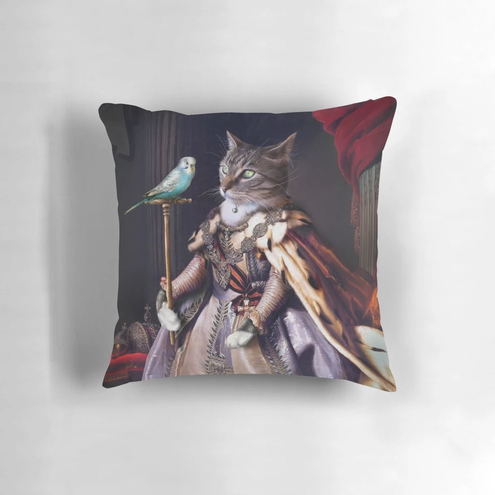 Whimsical illustration of an anthropomorphized cat and budgie printed on a decorative pillow