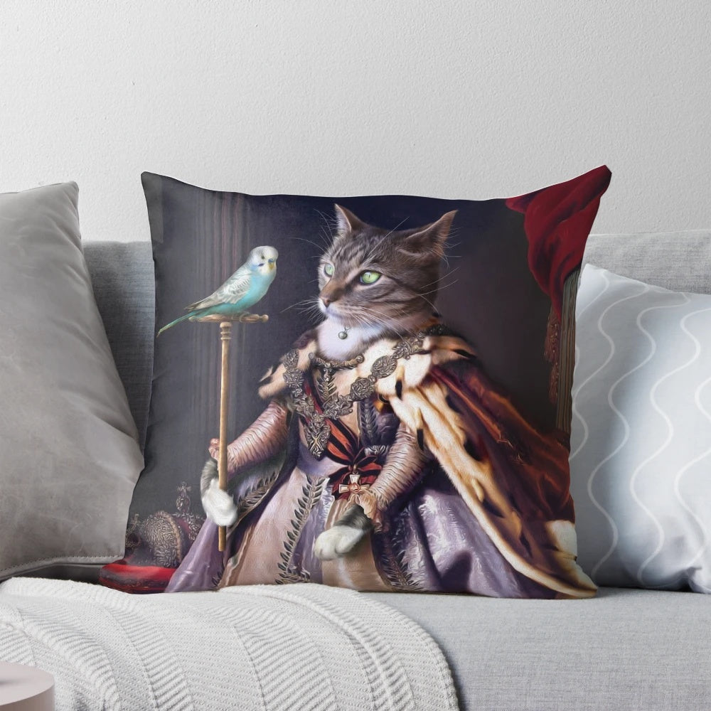 Whimsical illustration of an anthropomorphized cat and budgie printed on a decorative pillow