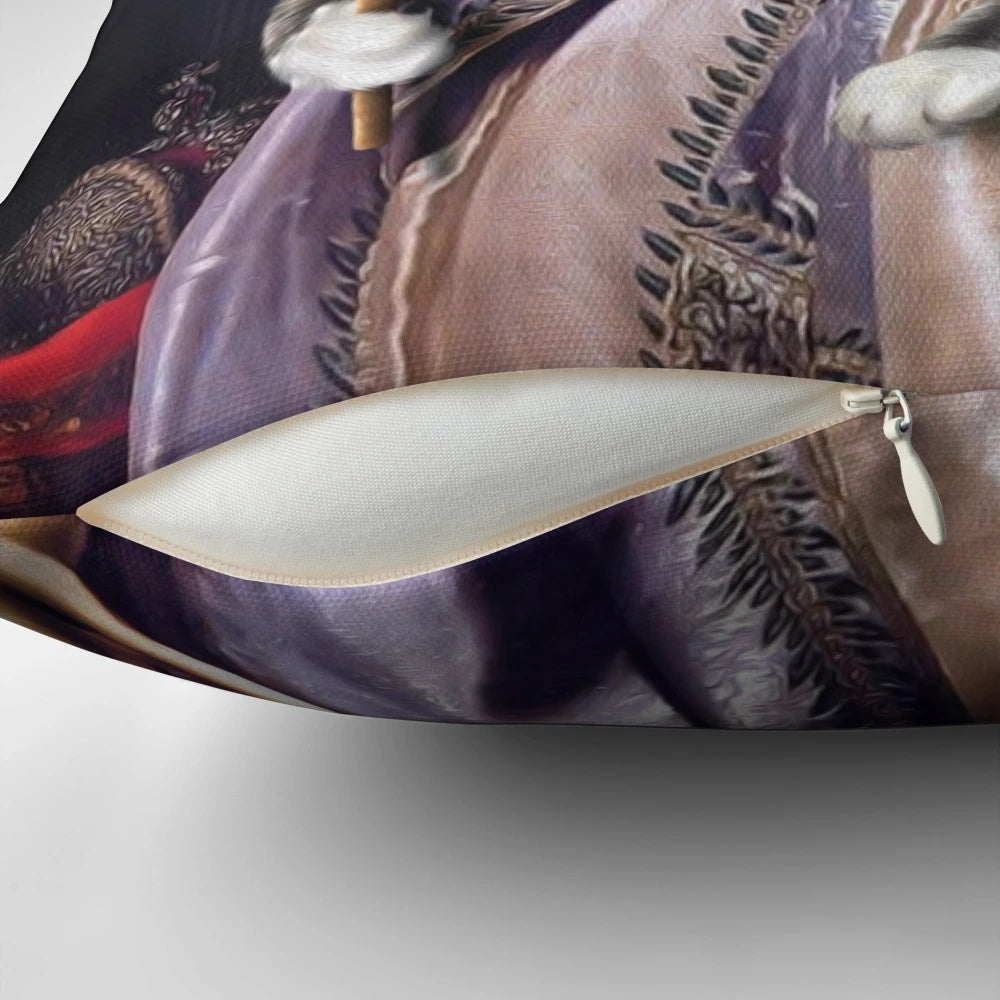 Whimsical illustration of an anthropomorphized cat and budgie printed on a decorative pillow