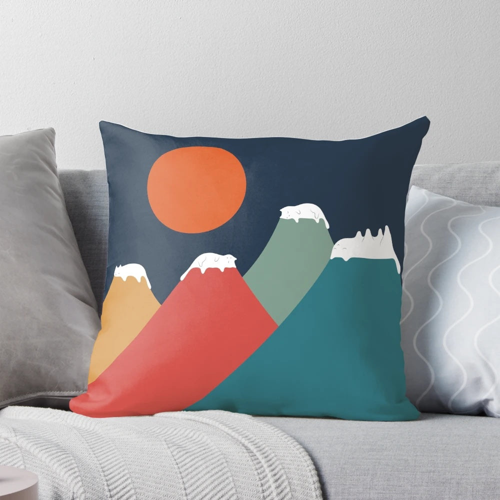 Artistic illustration of a cat sitting on a mountain against a sunset sky