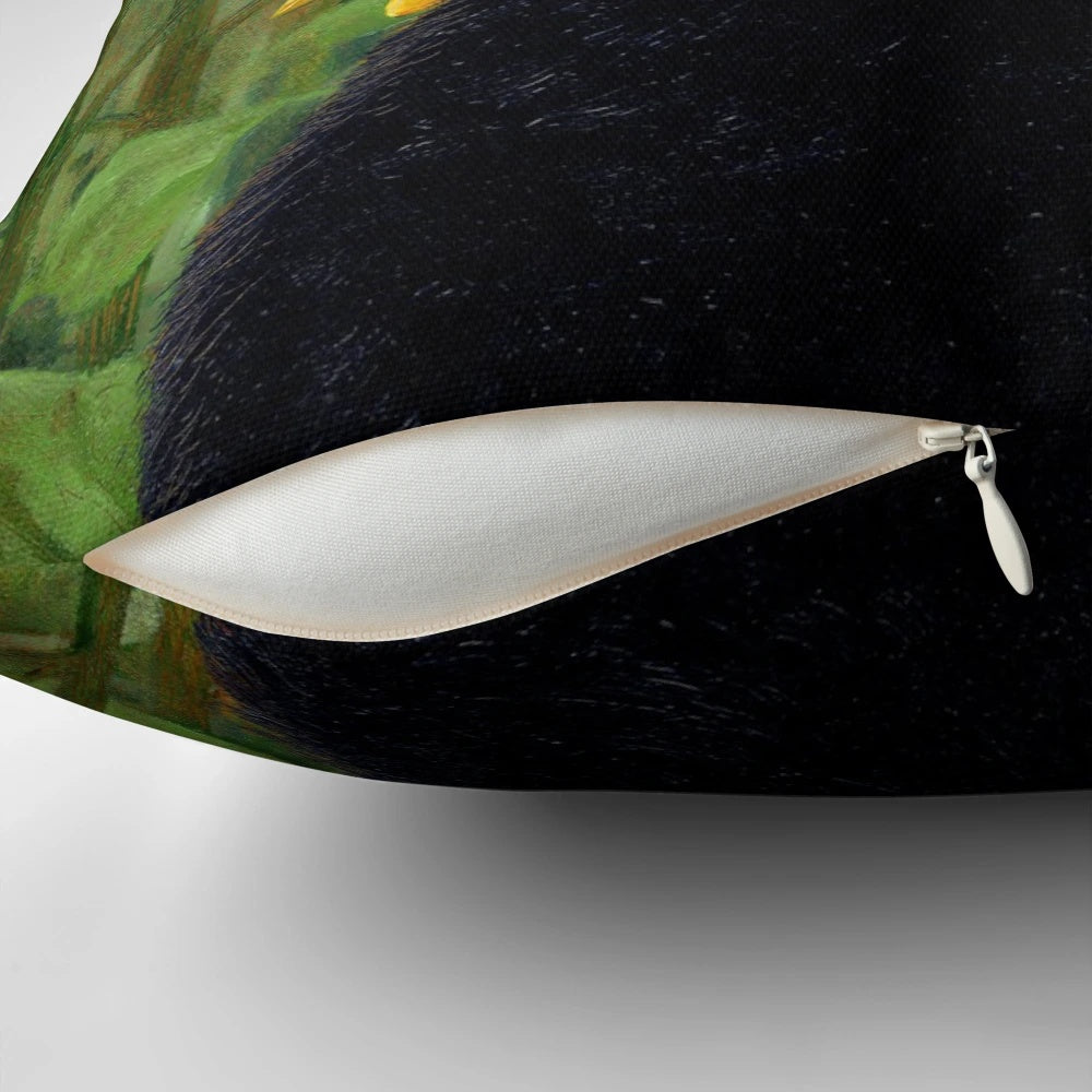 A decorative black cat pillow featuring a playful design with dandelions and sunflowers