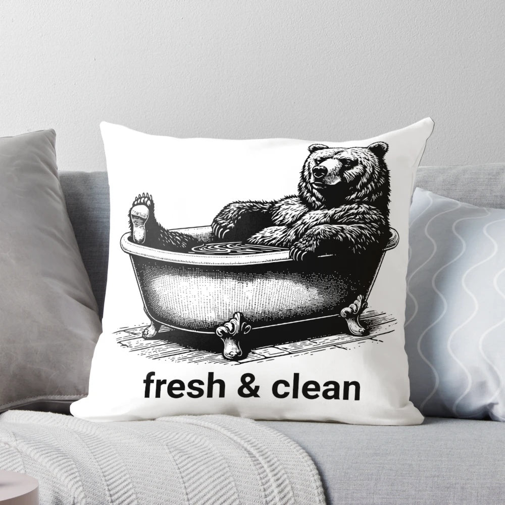 Whimsical Christmas bear pillow with a bear in a bathtub, a cozy and unique holiday gift for bear enthusiasts