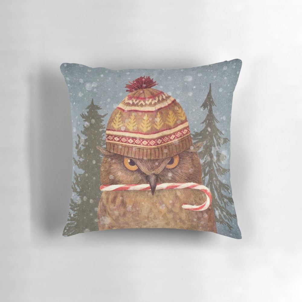 A festive and whimsical Christmas owl pillow with a snowy forest scene, created by digital artist Terry Fan.