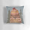 A festive and whimsical Christmas owl pillow with a snowy forest scene, created by digital artist Terry Fan.