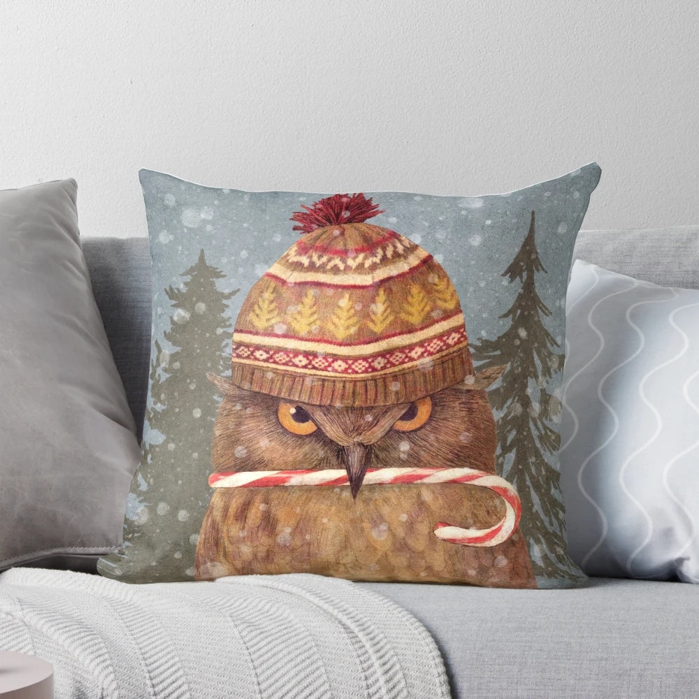 A festive and whimsical Christmas owl pillow with a snowy forest scene, created by digital artist Terry Fan.