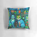 A colorful, abstract and surreal pillow design featuring cats under the moonlight in an urban setting.