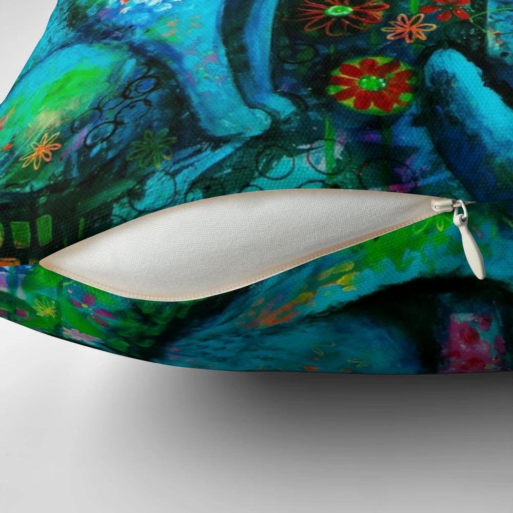 A colorful, abstract and surreal pillow design featuring cats under the moonlight in an urban setting.