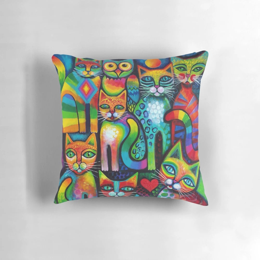 Whimsical acrylic painting of a cat and owl in a colorful, fantasy setting