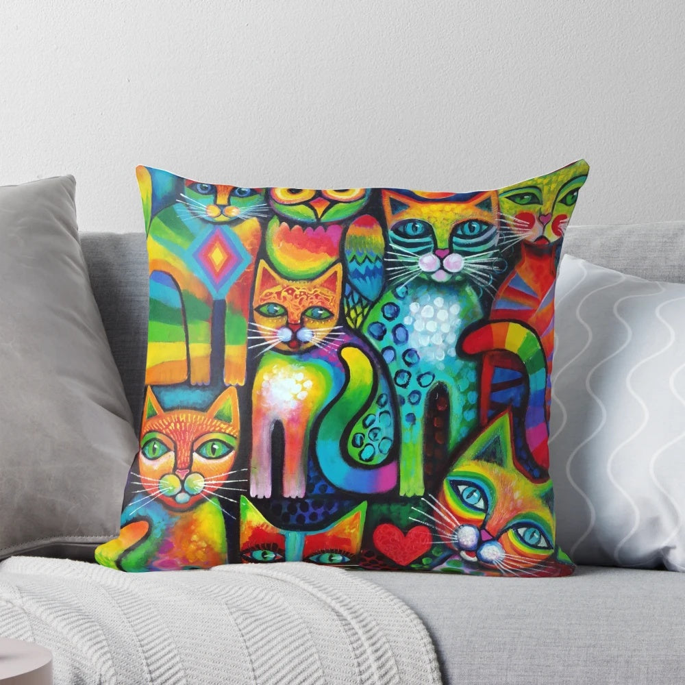Whimsical acrylic painting of a cat and owl in a colorful, fantasy setting