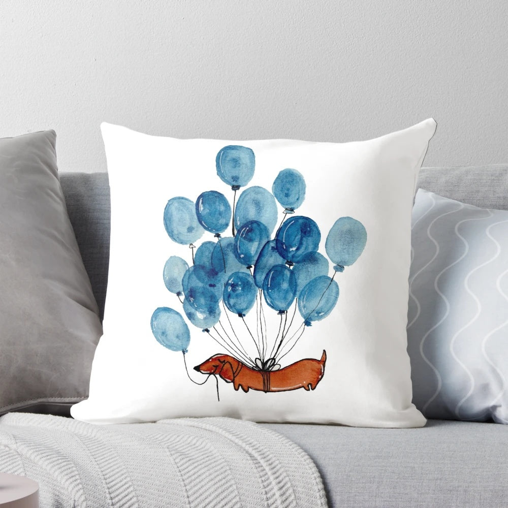 Illustration of a dachshund dog surrounded by blue balloons on a throw pillow