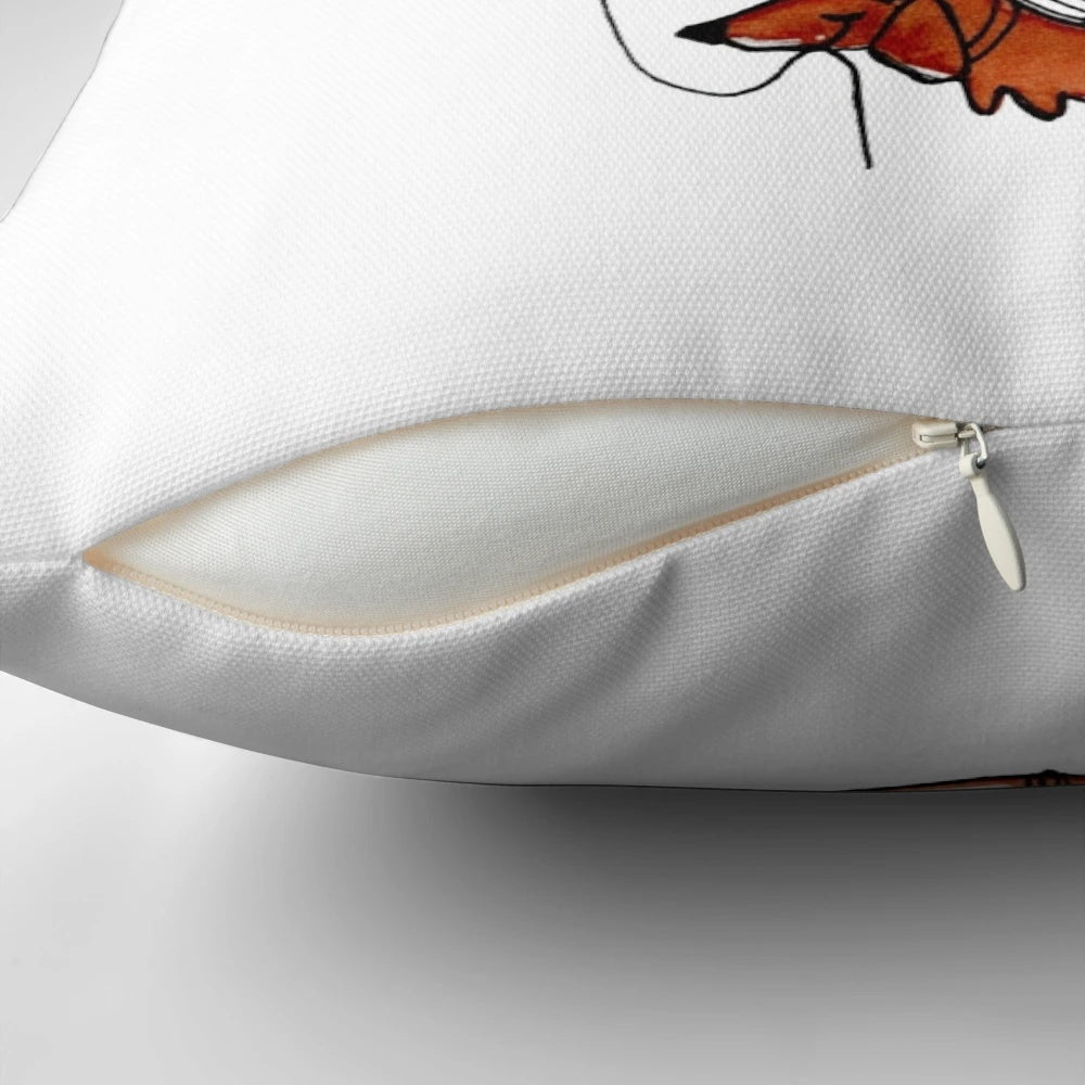 Illustration of a dachshund dog surrounded by blue balloons on a throw pillow