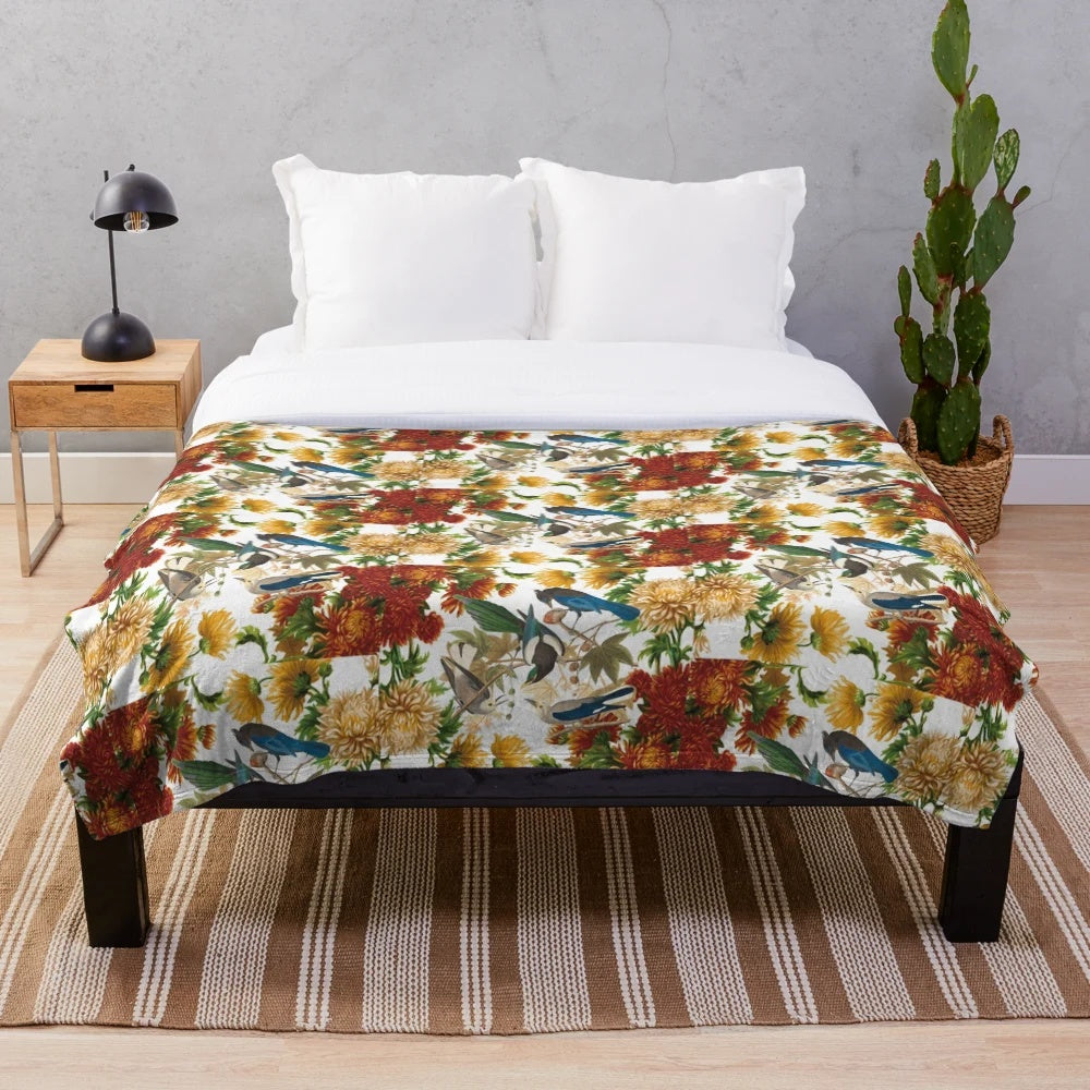 Plush blanket with a whimsical design of dancing animals and floral patterns