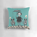 Colorful Day of the Dead pillow featuring playful skeletal cats in a whimsical folk art design.