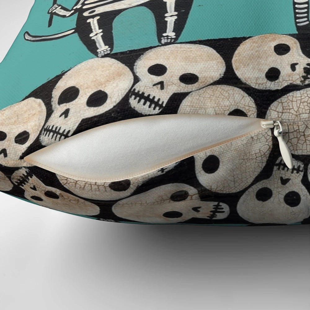 Colorful Day of the Dead pillow featuring playful skeletal cats in a whimsical folk art design.