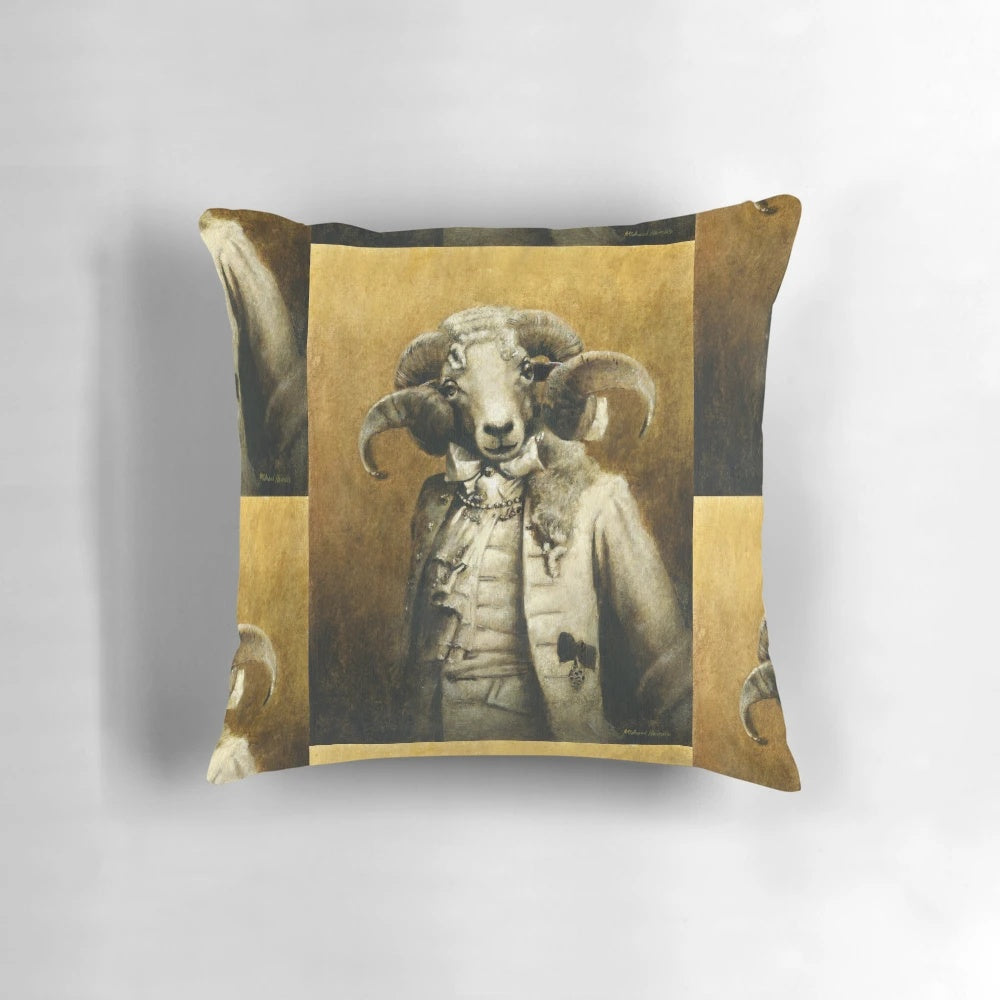 A decorative pillow featuring an anthropomorphic ram with rococo-inspired design