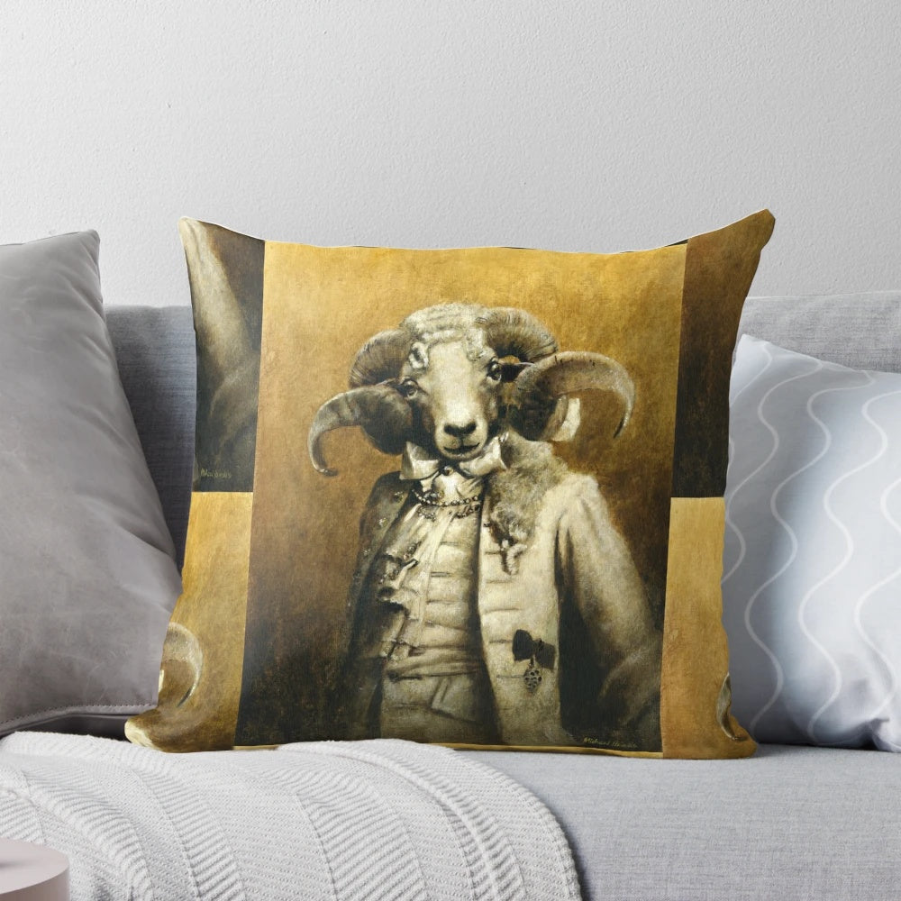 A decorative pillow featuring an anthropomorphic ram with rococo-inspired design