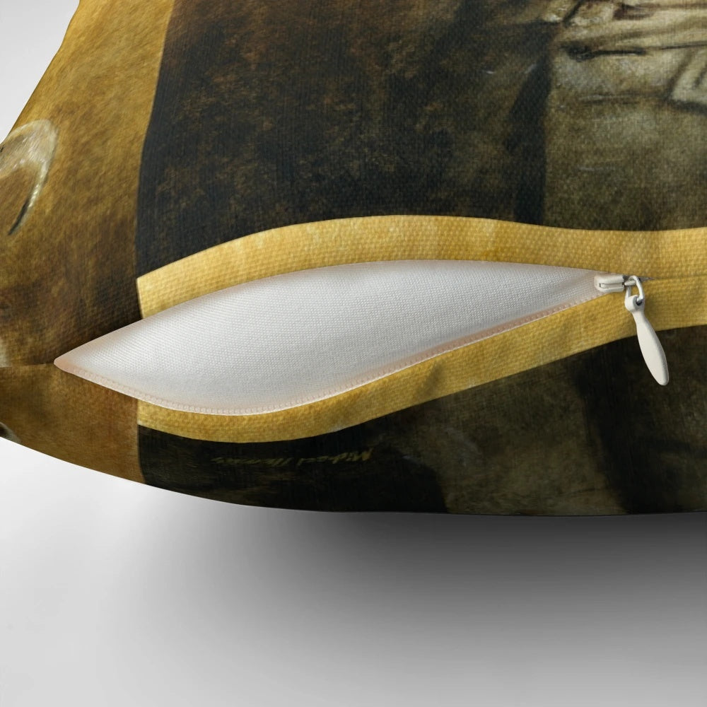 A decorative pillow featuring an anthropomorphic ram with rococo-inspired design