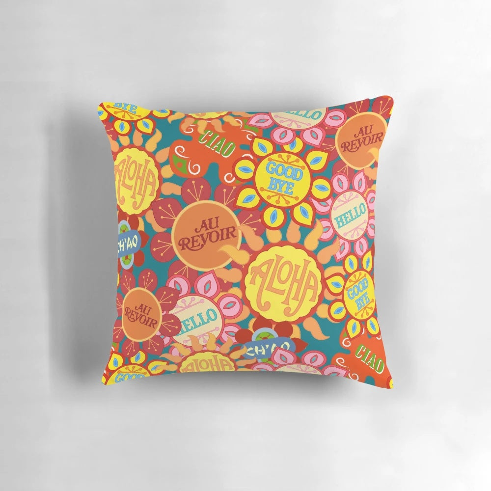 Vibrant, cartoon-style flowers on a nostalgic, Disney-inspired pillow